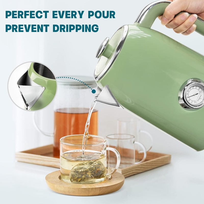 susteas Electric Kettle - 57oz Hot Tea Water Boiler with Thermometer, 1500W Fast Heating Stainless Steel Pot, Cordless LED Indicator, Auto Shut-Off & Boil Dry Protection, Retro Green - Image 4